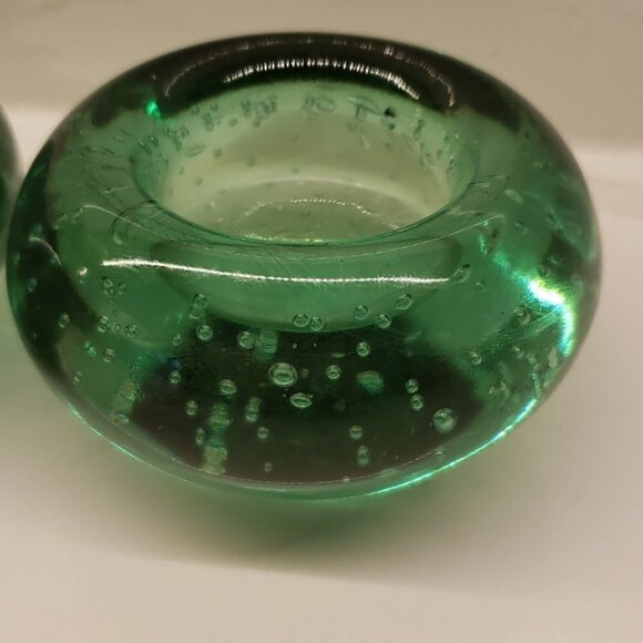 SET of 2 Green Art Glass Bubble Paperweight Tea light Candle  Holder - Picture 2 of 5